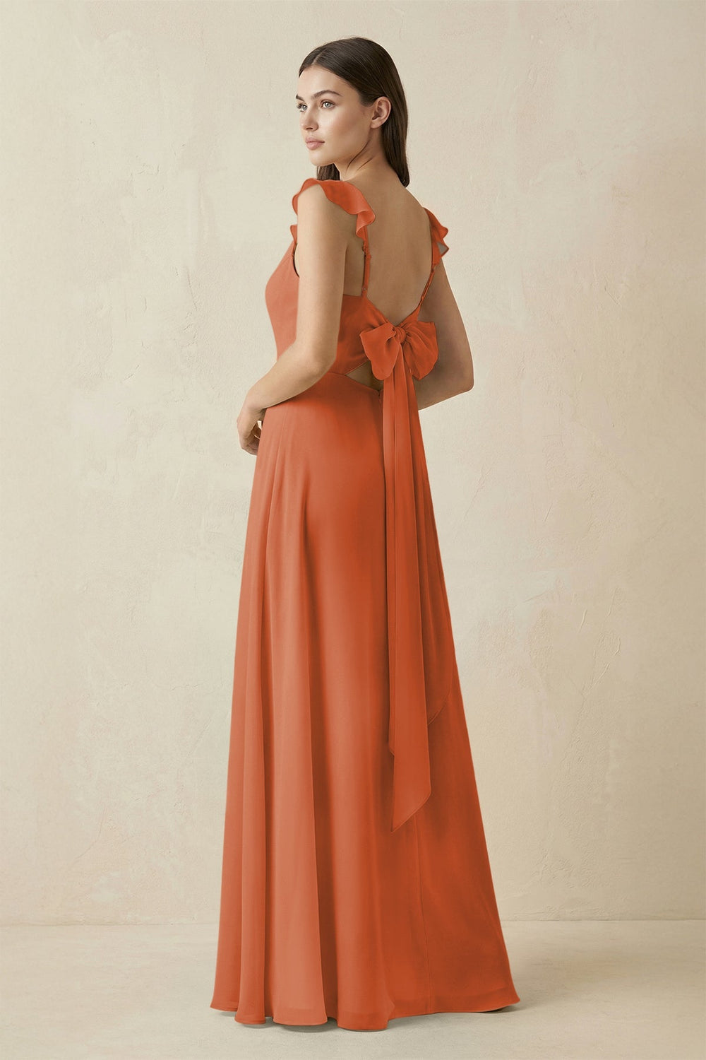 Ruffled Sleeve A - Line Chiffon Bridesmaid Dress in Terracotta - KISS BRIDAL Bridesmaid Dresses