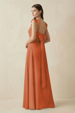 Ruffled Sleeve A - Line Chiffon Bridesmaid Dress in Terracotta - KISS BRIDAL Bridesmaid Dresses