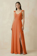 Ruffled Sleeve A - Line Chiffon Bridesmaid Dress in Terracotta - KISS BRIDAL Bridesmaid Dresses