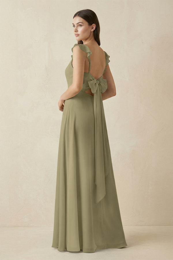 Ruffled Sleeve A - Line Chiffon Bridesmaid Dress in Thyme - SHE IS ME Bridesmaid Dresses