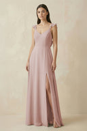 Ruffled Sleeve A - Line Chiffon Bridesmaid Dress in Toffee - KISS BRIDAL Bridesmaid Dresses