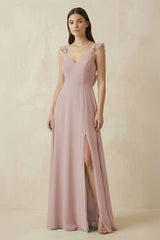 Ruffled Sleeve A-Line Chiffon Bridesmaid Dress in Toffee | KISSBRIDAL