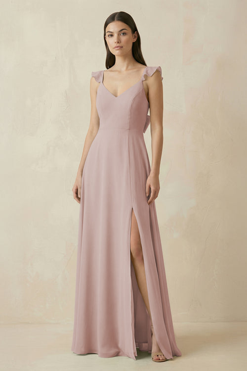 Ruffled Sleeve A-Line Chiffon Bridesmaid Dress in Toffee | KISSBRIDAL