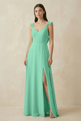Ruffled Sleeve A - Line Chiffon Bridesmaid Dress in Turquoise - KISS BRIDAL Bridesmaid Dresses
