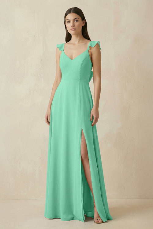 Ruffled Sleeve A - Line Chiffon Bridesmaid Dress in Turquoise - KISS BRIDAL Bridesmaid Dresses