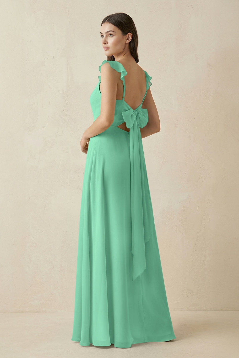 Ruffled Sleeve A - Line Chiffon Bridesmaid Dress in Turquoise - KISS BRIDAL Bridesmaid Dresses