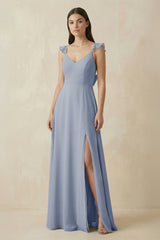 Ruffled Sleeve A - Line Chiffon Bridesmaid Dress in Twilight - KISS BRIDAL Bridesmaid Dresses