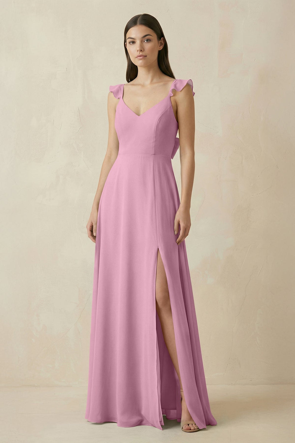Ruffled Sleeve A - Line Chiffon Bridesmaid Dress in Vintage Mauve - KISS BRIDAL Bridesmaid Dresses