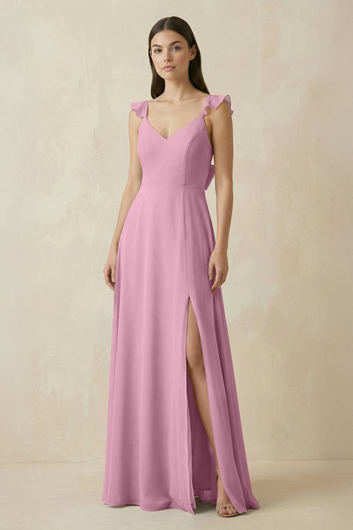 Ruffled Sleeve A - Line Chiffon Bridesmaid Dress in Vintage Mauve - KISS BRIDAL Bridesmaid Dresses