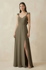 Ruffled Sleeve A - Line Chiffon Bridesmaid Dress in Willow Green - KISS BRIDAL Bridesmaid Dresses
