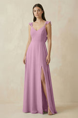 Ruffled Sleeve A - Line Chiffon Bridesmaid Dress in Wisteria - KISS BRIDAL Bridesmaid Dresses