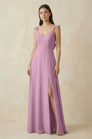 Ruffled Sleeve A - Line Chiffon Bridesmaid Dress in Wisteria - KISS BRIDAL Bridesmaid Dresses
