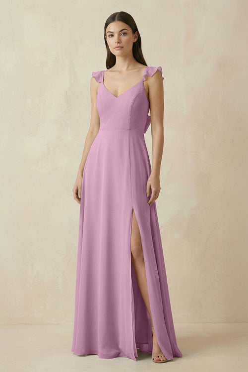 Ruffled Sleeve A - Line Chiffon Bridesmaid Dress in Wisteria - KISS BRIDAL Bridesmaid Dresses