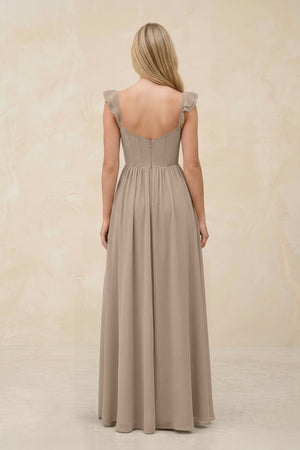 Ruffled Sleeve A-Line Corset Chiffon Bridesmaid Dress in Almond (2) | KISSBRIDAL