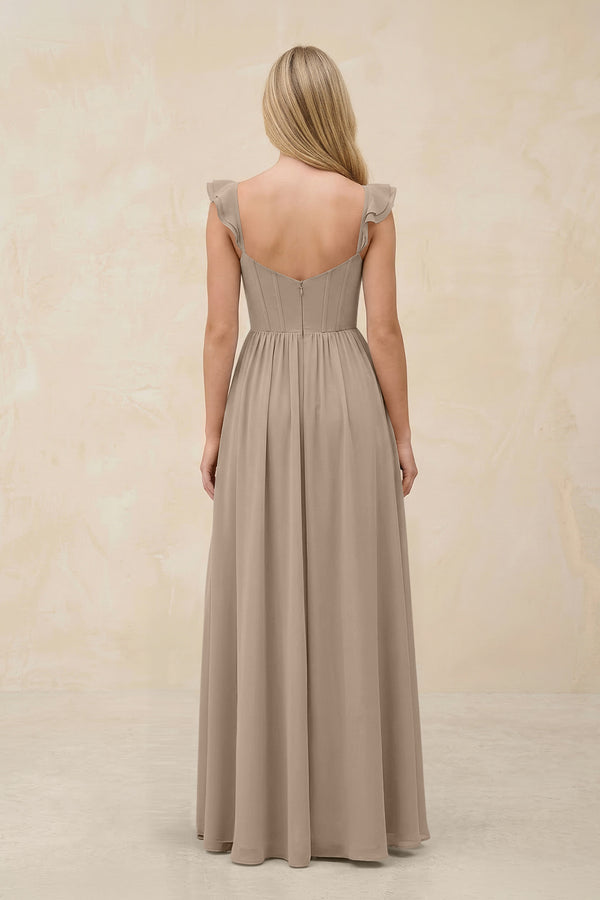 Ruffled Sleeve A-Line Corset Chiffon Bridesmaid Dress in Almond (2) | KISSBRIDAL