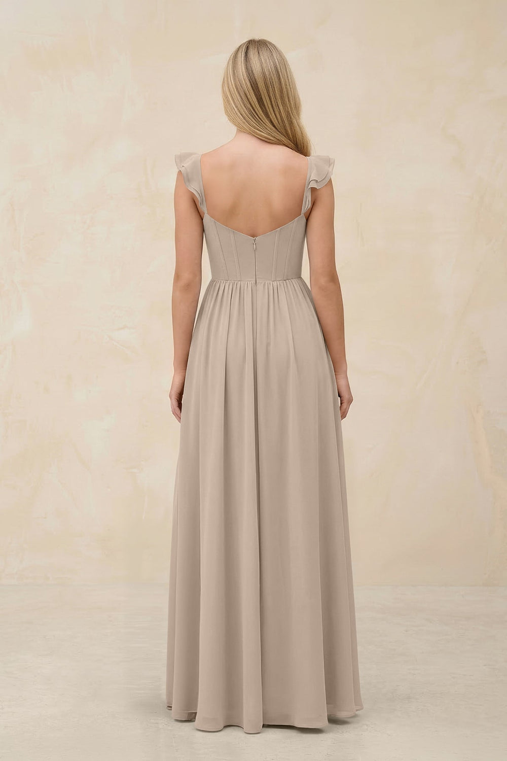 Ruffled Sleeve A - Line Corset Chiffon Bridesmaid Dress in Almond - KISS BRIDAL Bridesmaid Dresses