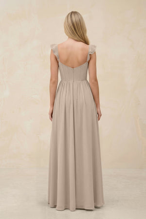 Ruffled Sleeve A - Line Corset Chiffon Bridesmaid Dress in Almond - SHE IS ME Bridesmaid Dresses