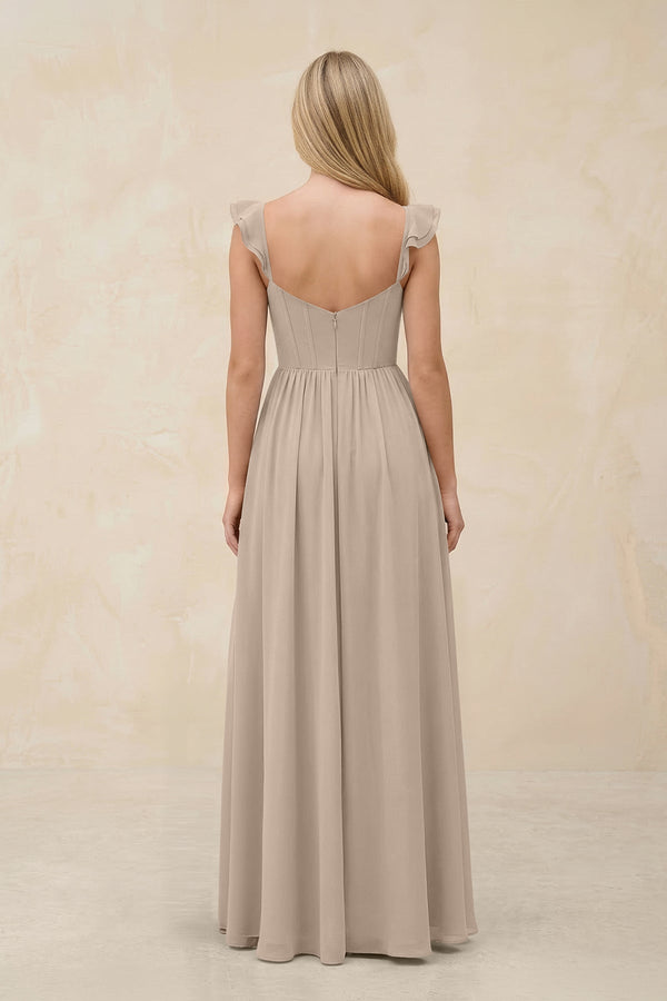 Ruffled Sleeve A - Line Corset Chiffon Bridesmaid Dress in Almond - SHE IS ME Bridesmaid Dresses