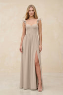 Ruffled Sleeve A - Line Corset Chiffon Bridesmaid Dress in Almond - SHE IS ME Bridesmaid Dresses