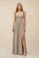 Ruffled Sleeve A-Line Corset Chiffon Bridesmaid Dress in Almond | KISSBRIDAL