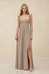 Ruffled Sleeve A-Line Corset Chiffon Bridesmaid Dress in Almond | KISSBRIDAL