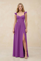 Ruffled Sleeve A - Line Corset Chiffon Bridesmaid Dress in Amethyst - KISS BRIDAL Bridesmaid Dresses