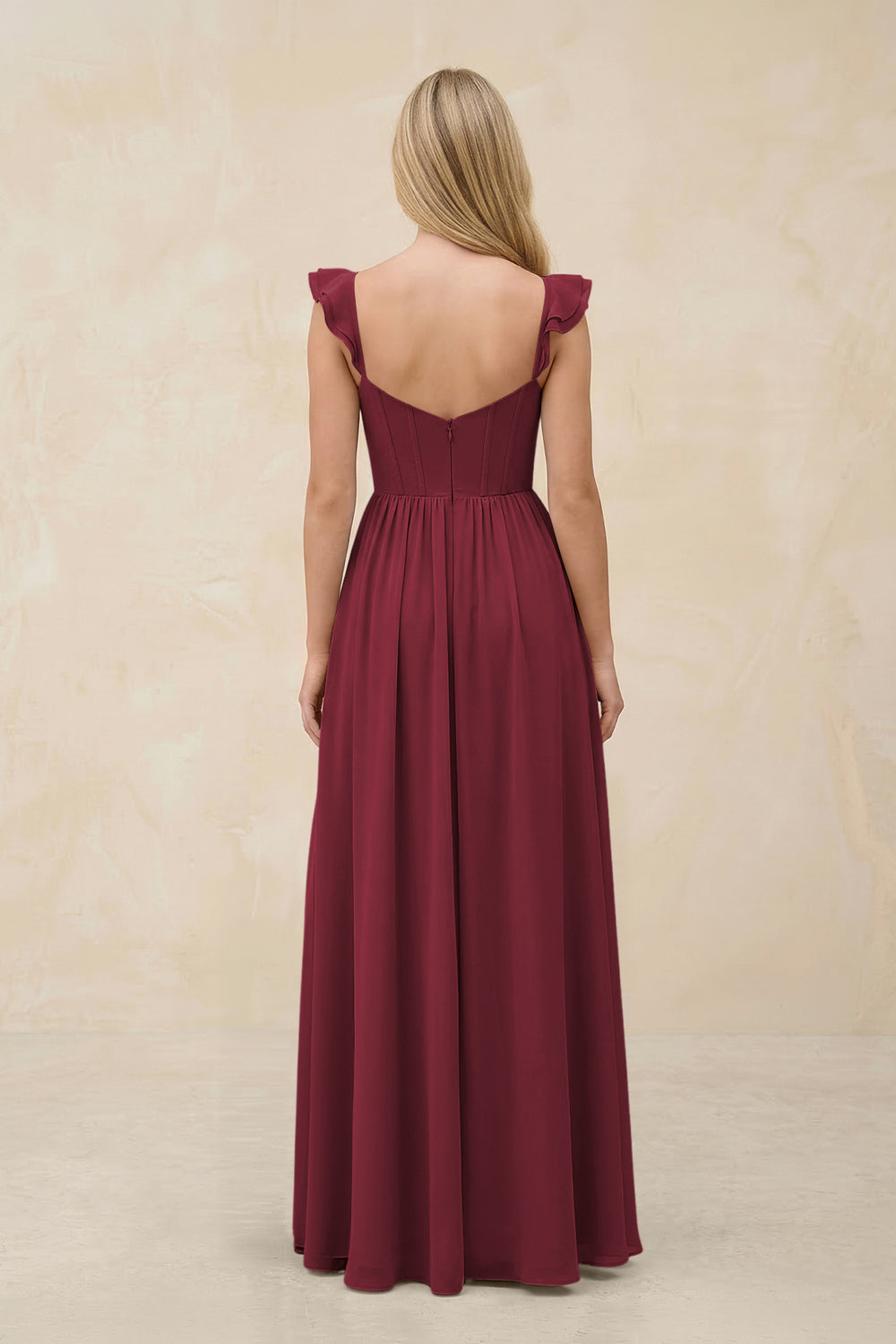 Ruffled Sleeve A-Line Corset Chiffon Bridesmaid Dress in Berry
