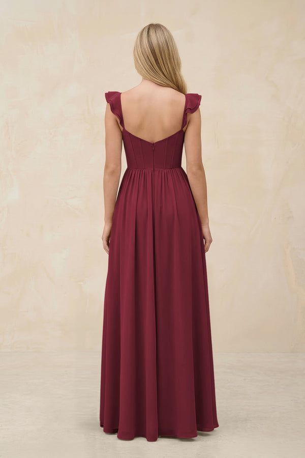 Ruffled Sleeve A-Line Corset Chiffon Bridesmaid Dress in Berry (2) | KISSBRIDAL