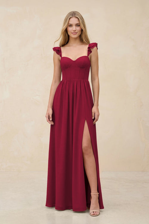Ruffled Sleeve A - Line Corset Chiffon Bridesmaid Dress in Berry - SHE IS ME Bridesmaid Dresses