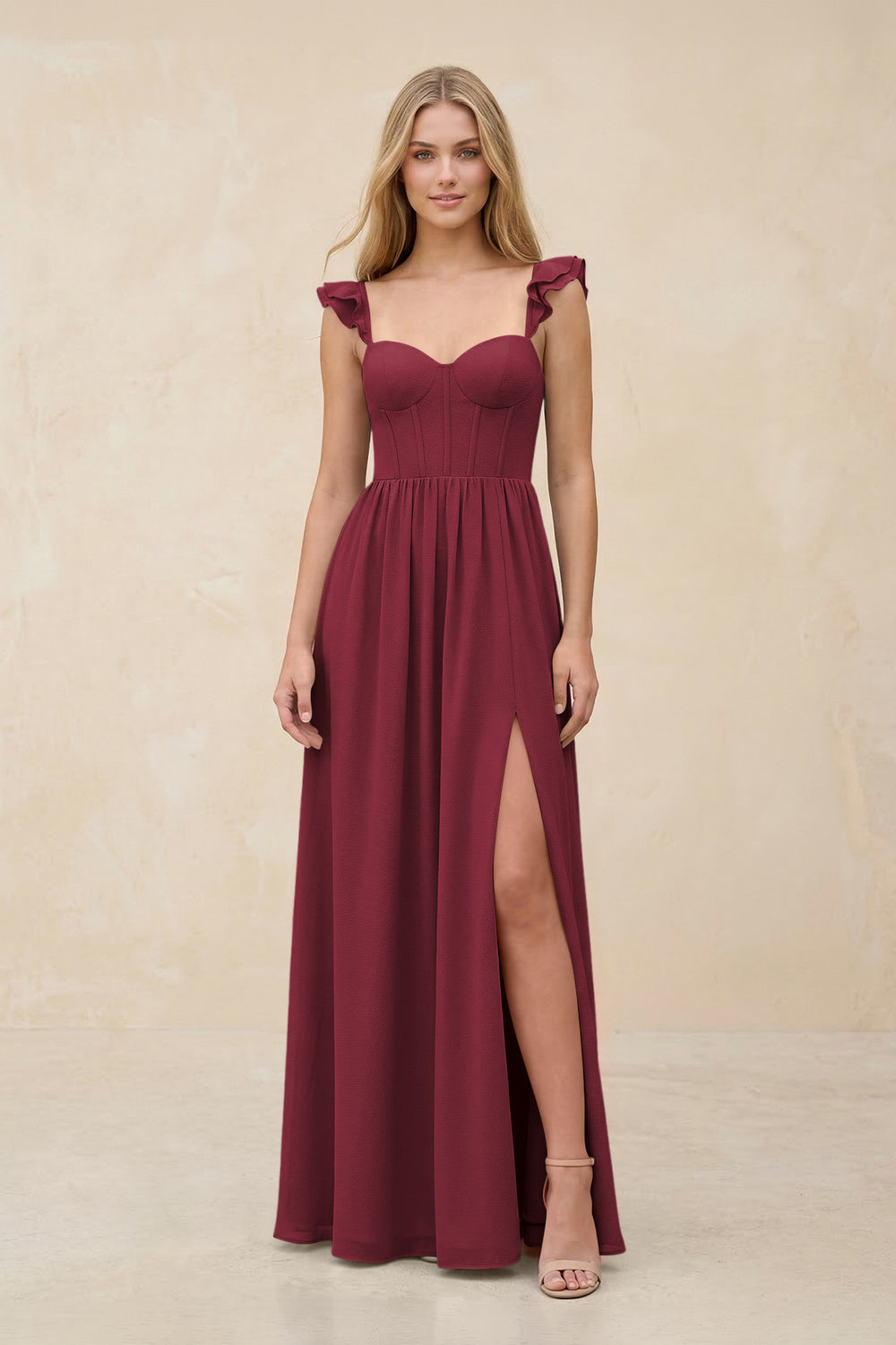 Ruffled Sleeve A-Line Corset Chiffon Bridesmaid Dress in Berry