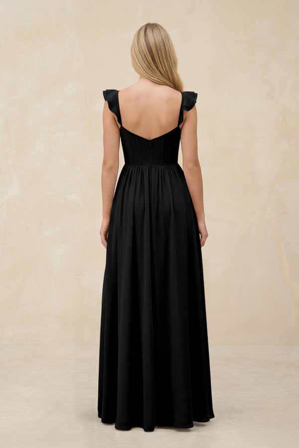 Ruffled Sleeve A - Line Corset Chiffon Bridesmaid Dress in Black - SHE IS ME Bridesmaid Dresses