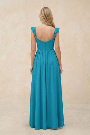 Ruffled Sleeve A - Line Corset Chiffon Bridesmaid Dress in Blue Jay - SHE IS ME Bridesmaid Dresses