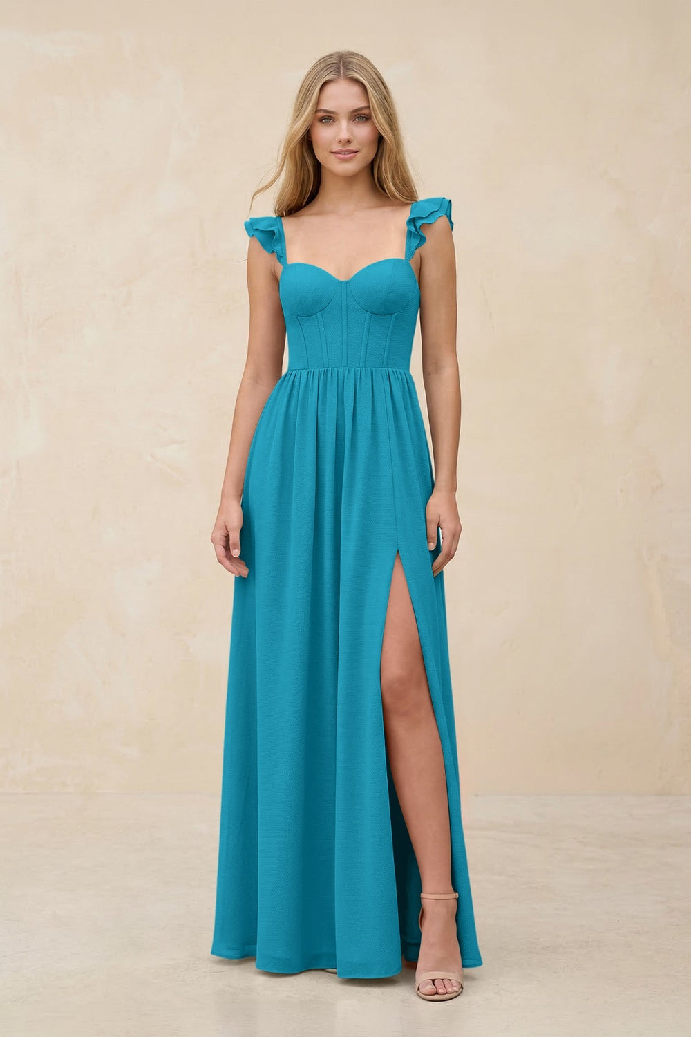 Ruffled Sleeve A - Line Corset Chiffon Bridesmaid Dress in Blue Jay - KISS BRIDAL Bridesmaid Dresses