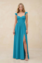 Ruffled Sleeve A - Line Corset Chiffon Bridesmaid Dress in Blue Jay - KISS BRIDAL Bridesmaid Dresses