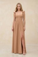 Ruffled Sleeve A - Line Corset Chiffon Bridesmaid Dress in Bronzer - SHE IS ME Bridesmaid Dresses