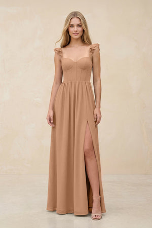 Ruffled Sleeve A - Line Corset Chiffon Bridesmaid Dress in Bronzer - SHE IS ME Bridesmaid Dresses