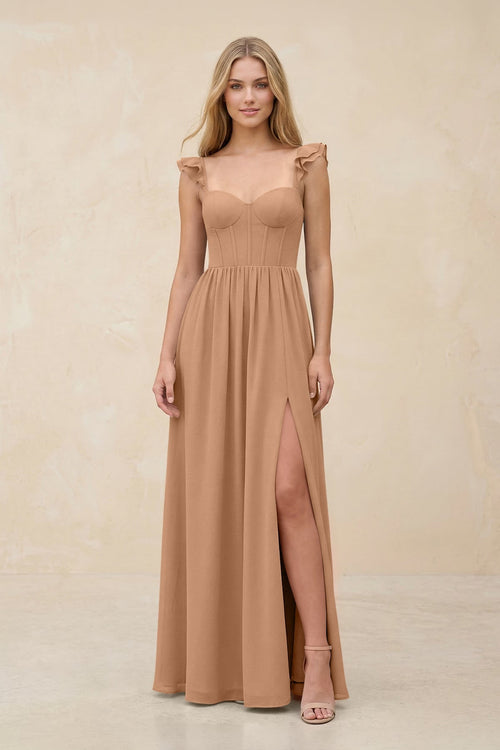 Ruffled Sleeve A - Line Corset Chiffon Bridesmaid Dress in Bronzer - SHE IS ME Bridesmaid Dresses