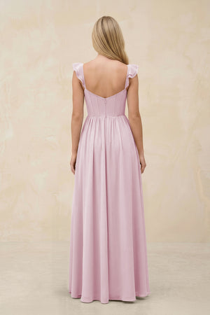Ruffled Sleeve A-Line Corset Chiffon Bridesmaid Dress in Candy Pink (2) | KISSBRIDAL