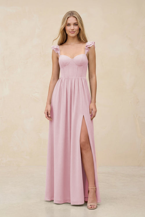 Ruffled Sleeve A - Line Corset Chiffon Bridesmaid Dress in Candy Pink - SHE IS ME Bridesmaid Dresses