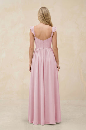 Ruffled Sleeve A - Line Corset Chiffon Bridesmaid Dress in Candy Pink - SHE IS ME Bridesmaid Dresses