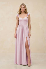 Ruffled Sleeve A-Line Corset Chiffon Bridesmaid Dress in Candy Pink | KISSBRIDAL