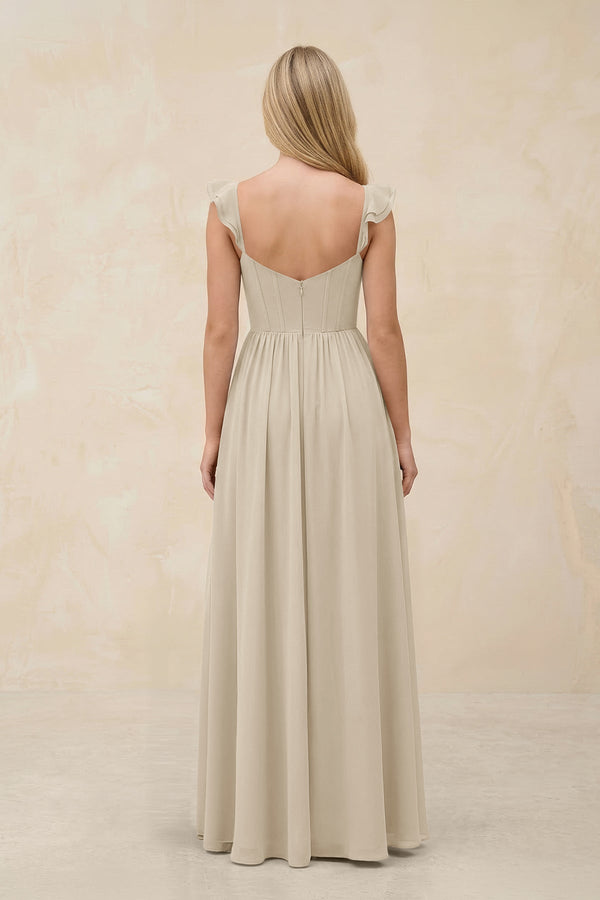 Ruffled Sleeve A - Line Corset Chiffon Bridesmaid Dress in Champagne - SHE IS ME Bridesmaid Dresses