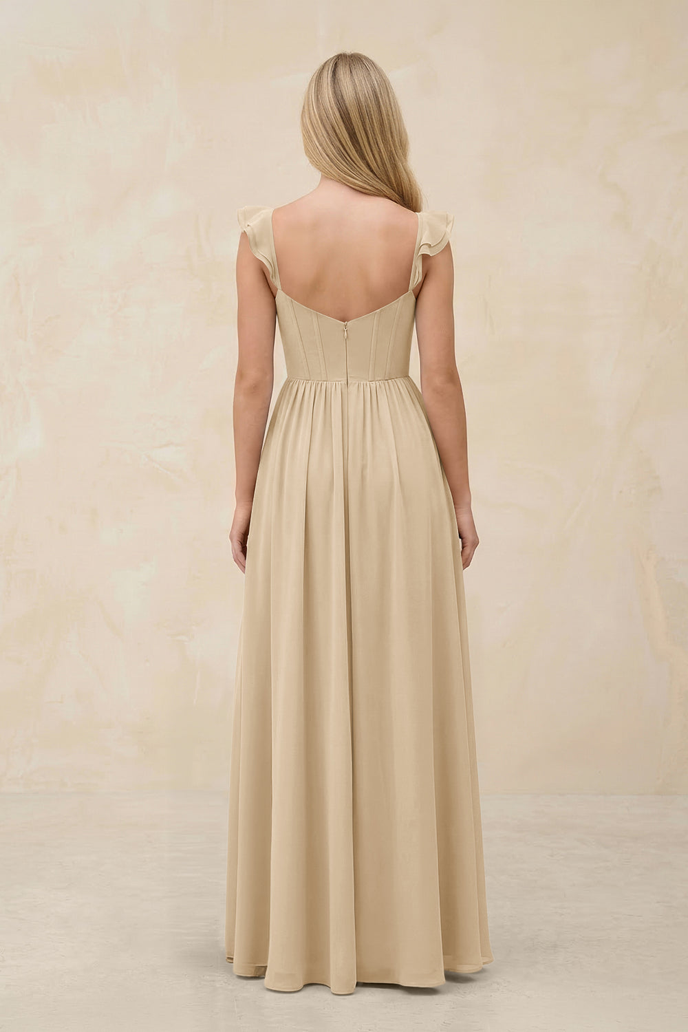 Ruffled Sleeve A-Line Corset Chiffon Bridesmaid Dress in Champagne