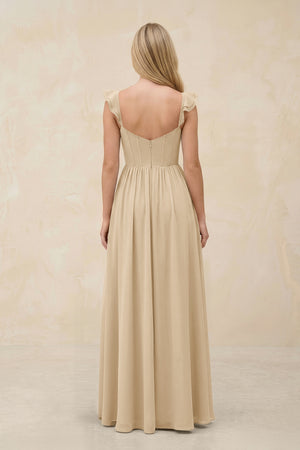 Ruffled Sleeve A-Line Corset Chiffon Bridesmaid Dress in Champagne (2) | KISSBRIDAL