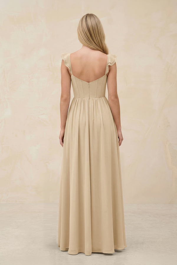 Ruffled Sleeve A-Line Corset Chiffon Bridesmaid Dress in Champagne (2) | KISSBRIDAL