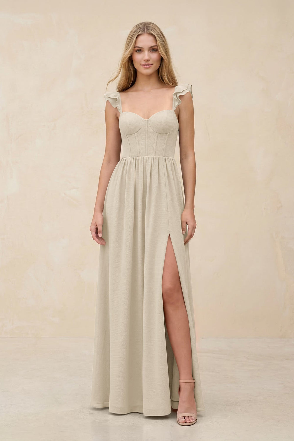 Ruffled Sleeve A - Line Corset Chiffon Bridesmaid Dress in Champagne - KISS BRIDAL Bridesmaid Dresses