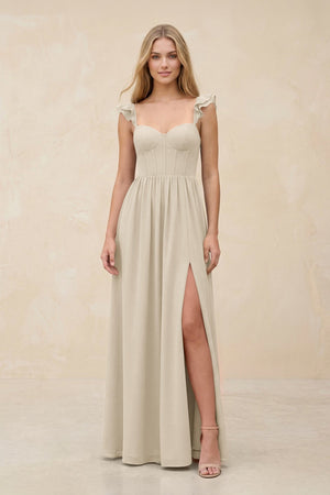 Ruffled Sleeve A - Line Corset Chiffon Bridesmaid Dress in Champagne - SHE IS ME Bridesmaid Dresses