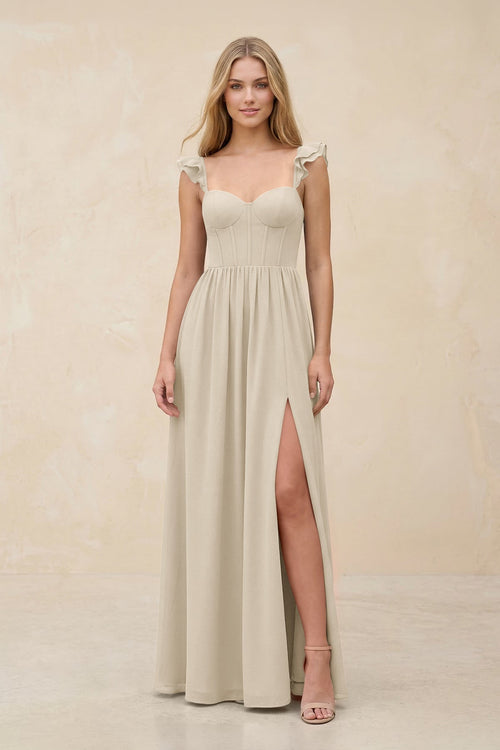 Ruffled Sleeve A - Line Corset Chiffon Bridesmaid Dress in Champagne - SHE IS ME Bridesmaid Dresses