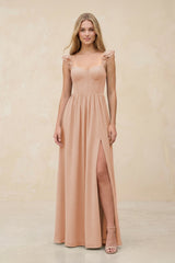 Ruffled Sleeve A - Line Corset Chiffon Bridesmaid Dress in Champagne Rose - KISS BRIDAL Bridesmaid Dresses