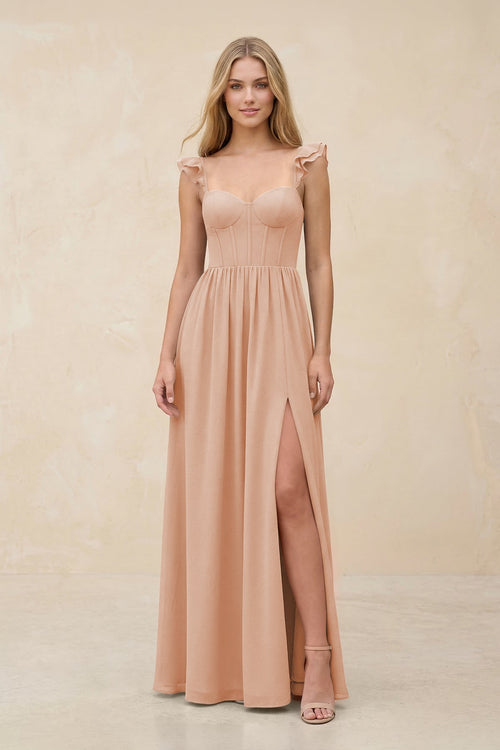 Ruffled Sleeve A - Line Corset Chiffon Bridesmaid Dress in Champagne Rose - SHE IS ME Bridesmaid Dresses